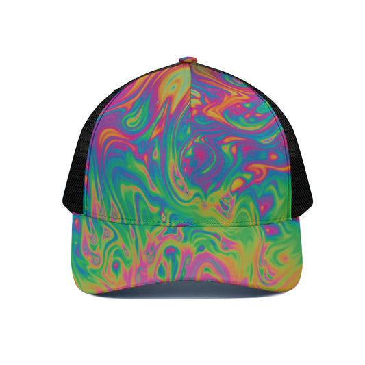 Psychedelic Surface Print Black Mesh Trucker Cap