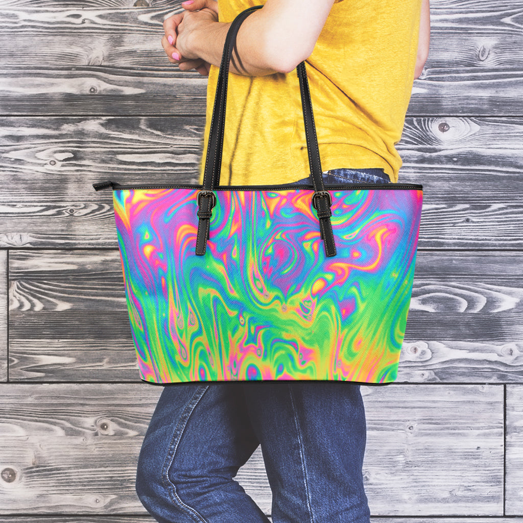 Psychedelic Surface Print Leather Tote Bag