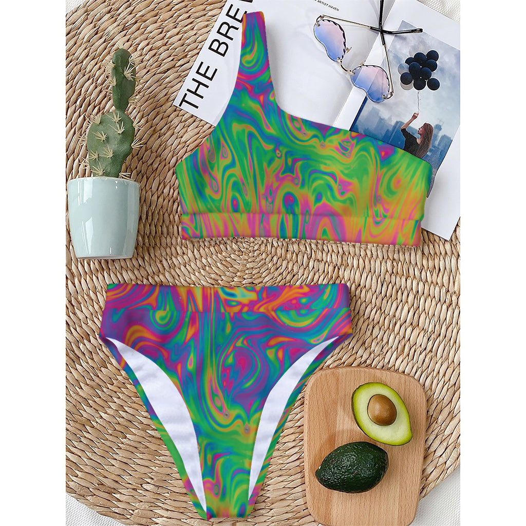 Psychedelic Surface Print One Shoulder Bikini Top