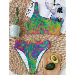 Psychedelic Surface Print One Shoulder Bikini Top