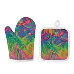 Psychedelic Surface Print Oven Mitt And Pot Holder Set