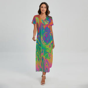 Psychedelic Surface Print Short Sleeve Maxi Dress