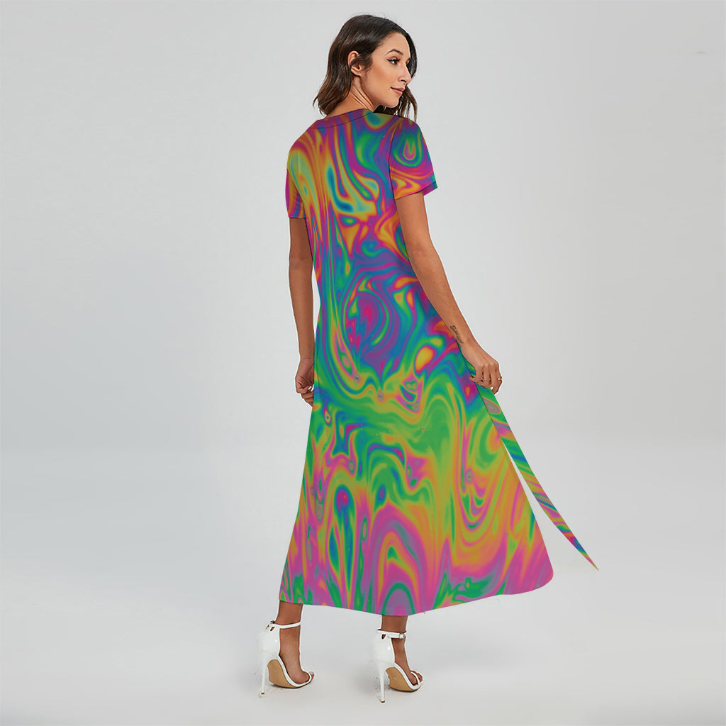 Psychedelic Surface Print Short Sleeve Maxi Dress