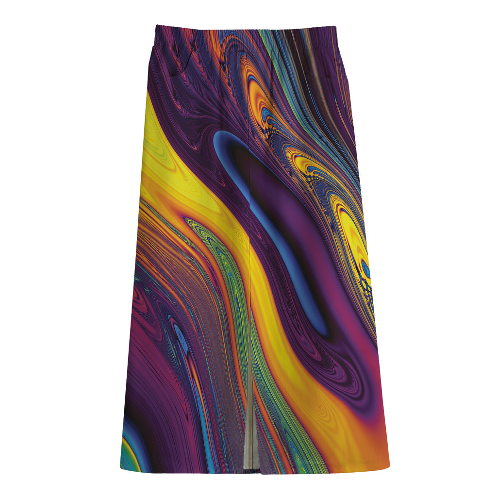 Psychedelic Trippy Fractal Print Cotton Front Slit Maxi Skirt
