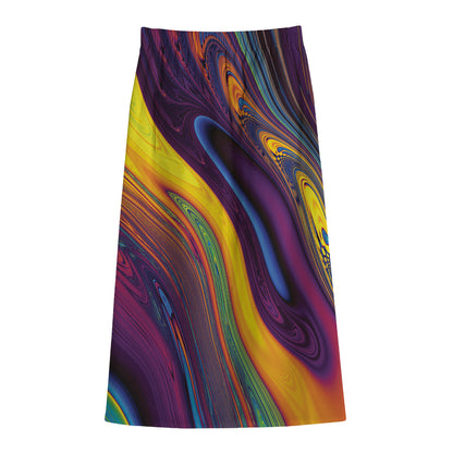 Psychedelic Trippy Fractal Print Cotton Front Slit Maxi Skirt