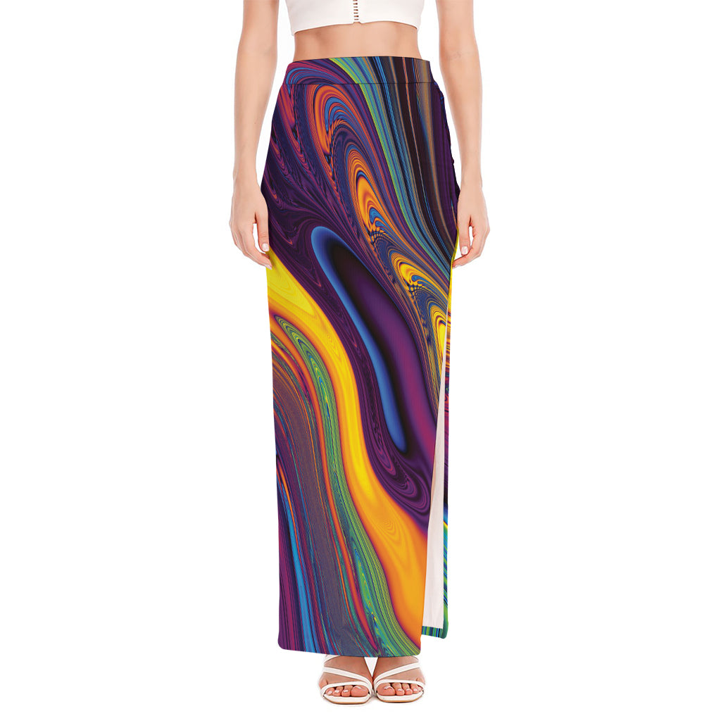 Psychedelic Trippy Fractal Print High Slit Maxi Skirt