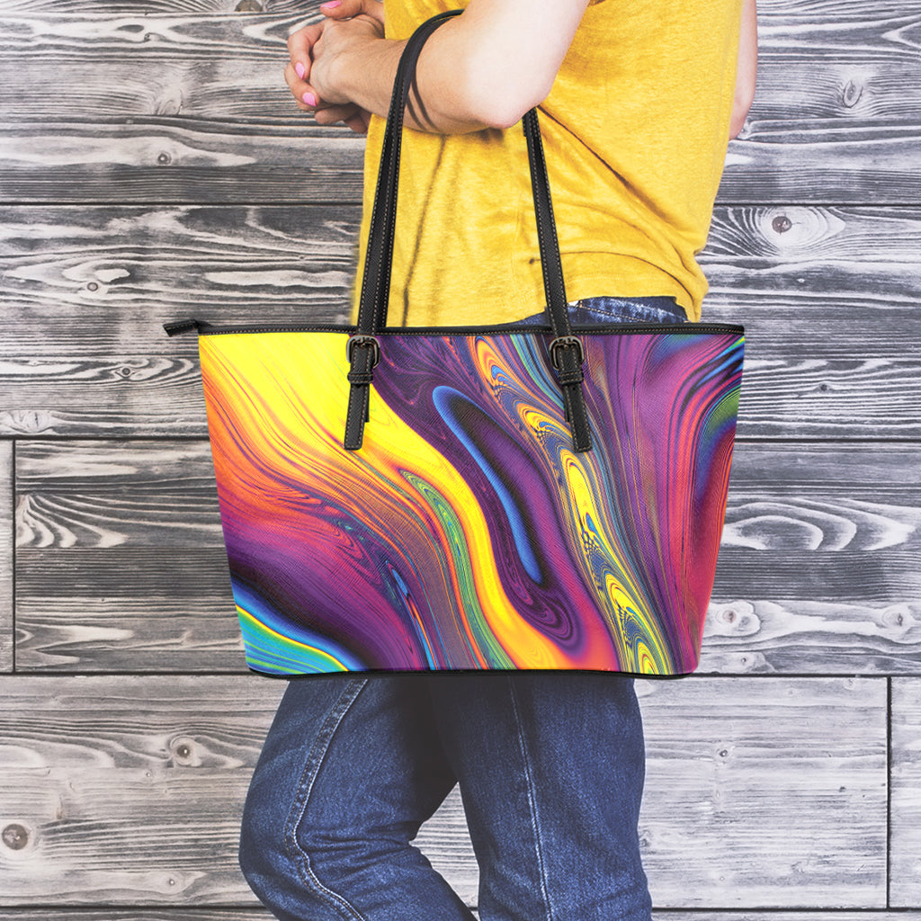 Psychedelic Trippy Fractal Print Leather Tote Bag