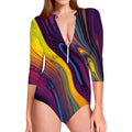 Psychedelic Trippy Fractal Print Long Sleeve Swimsuit