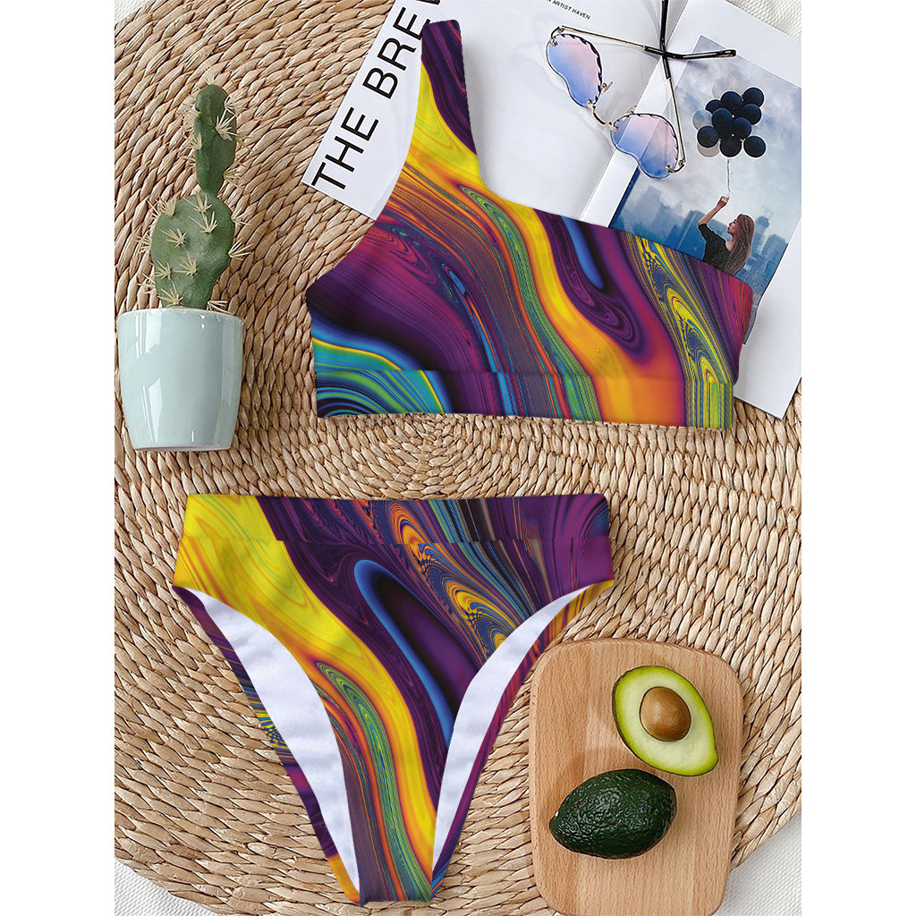 Psychedelic Trippy Fractal Print One Shoulder Bikini Top