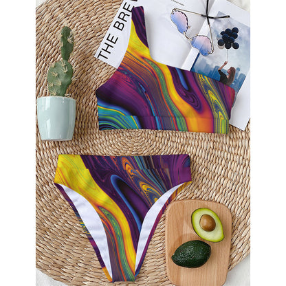 Psychedelic Trippy Fractal Print One Shoulder Bikini Top