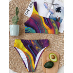 Psychedelic Trippy Fractal Print One Shoulder Bikini Top