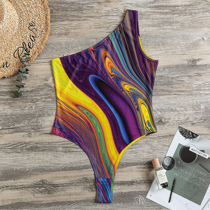 Psychedelic Trippy Fractal Print One Shoulder Bodysuit