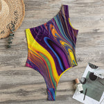 Psychedelic Trippy Fractal Print One Shoulder Bodysuit