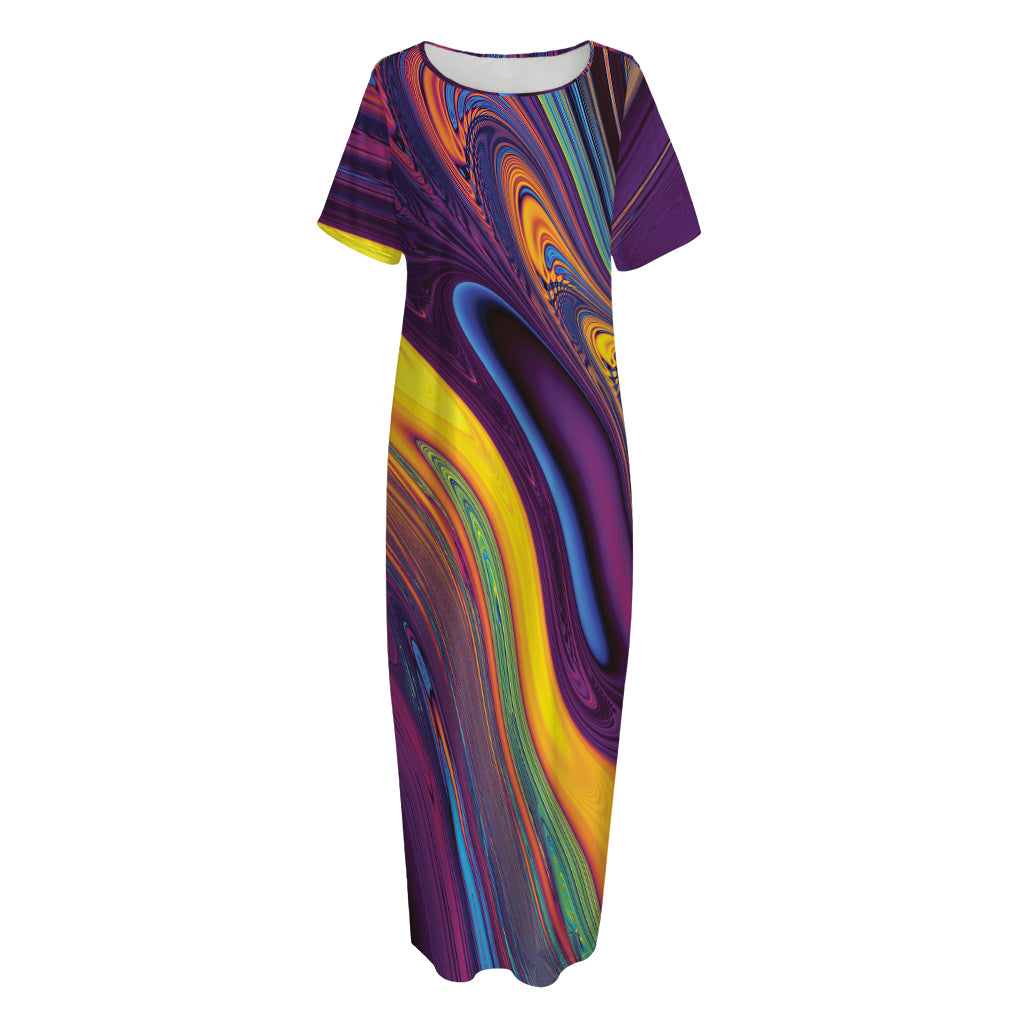Psychedelic Trippy Fractal Print Short Sleeve Long Nightdress