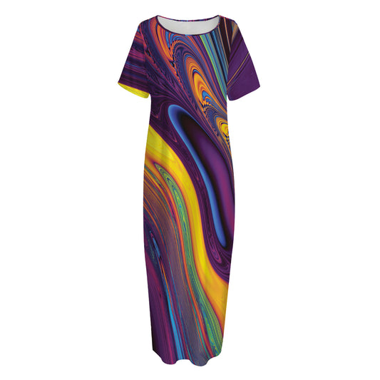 Psychedelic Trippy Fractal Print Short Sleeve Long Nightdress