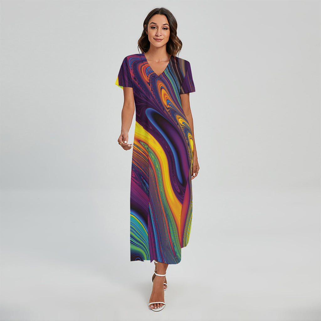 Psychedelic Trippy Fractal Print Short Sleeve Maxi Dress