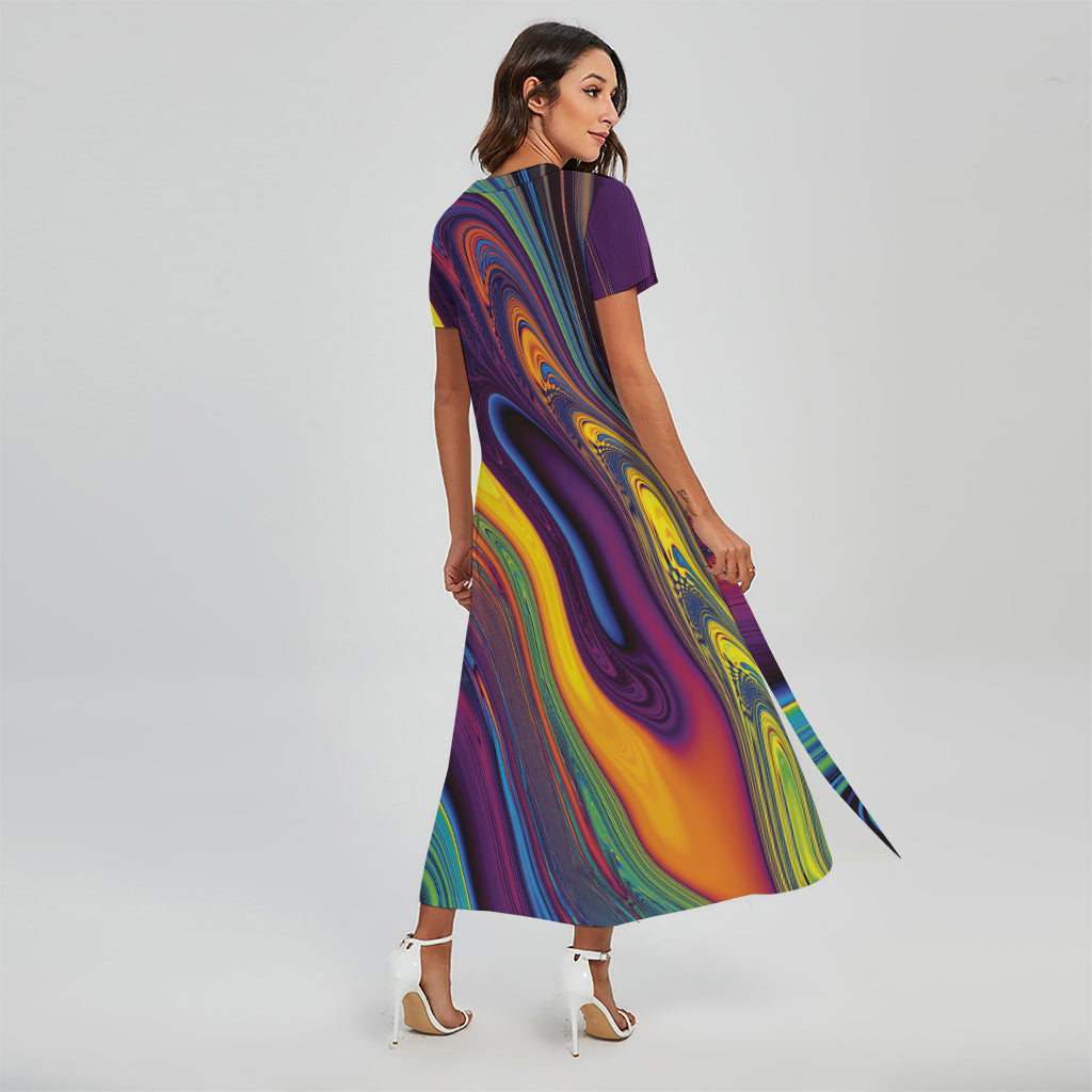 Psychedelic Trippy Fractal Print Short Sleeve Maxi Dress