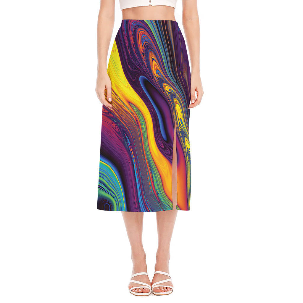 Psychedelic Trippy Fractal Print Side Slit Midi Skirt