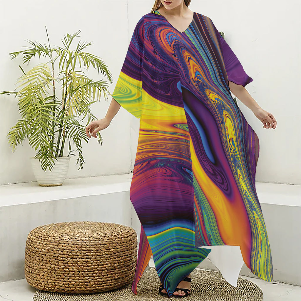 Psychedelic Trippy Fractal Print Silk V-Neck Kaftan Dress