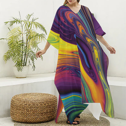 Psychedelic Trippy Fractal Print Silk V-Neck Kaftan Dress