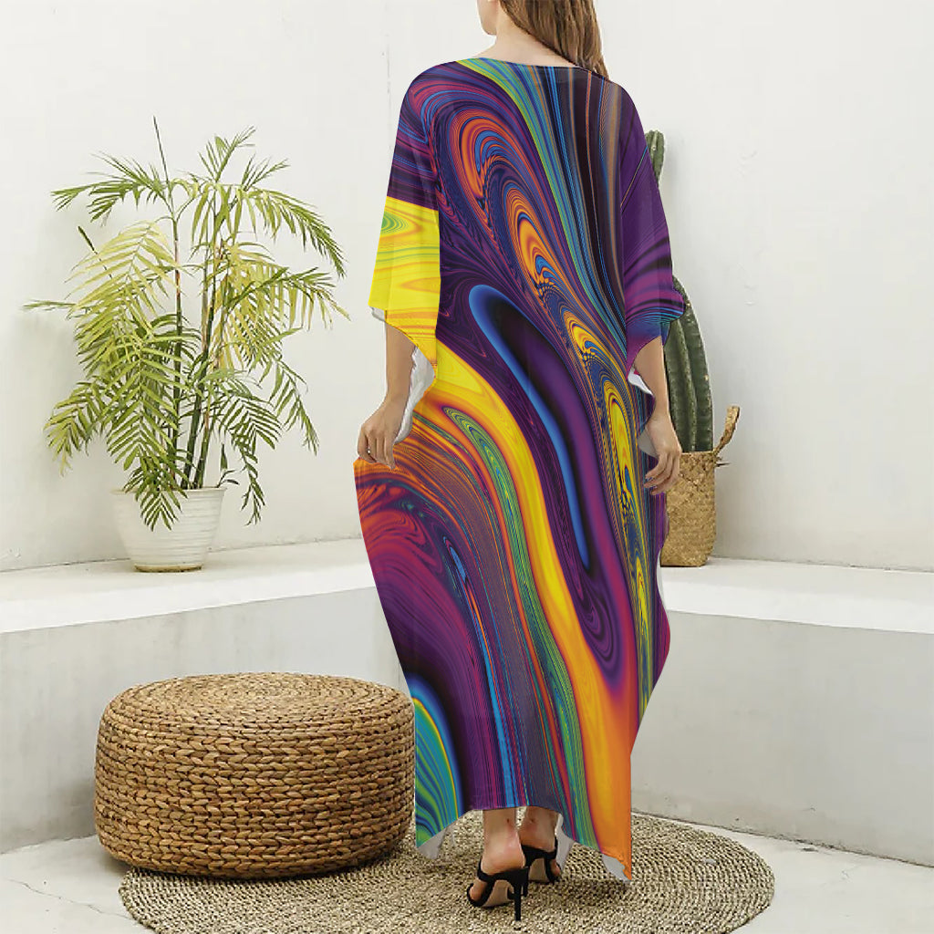 Psychedelic Trippy Fractal Print Silk V-Neck Kaftan Dress