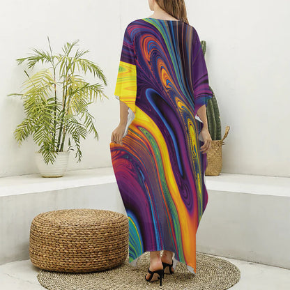 Psychedelic Trippy Fractal Print Silk V-Neck Kaftan Dress