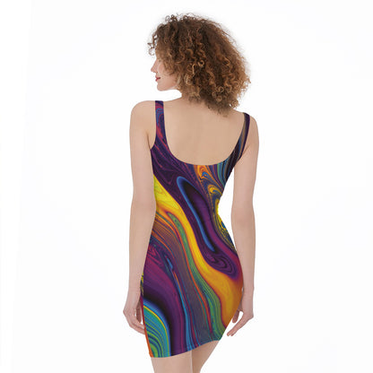 Psychedelic Trippy Fractal Print Sleeveless Bodycon Dress
