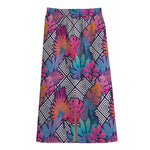 Psychedelic Tropical Aloha Pattern Print Cotton Front Slit Maxi Skirt