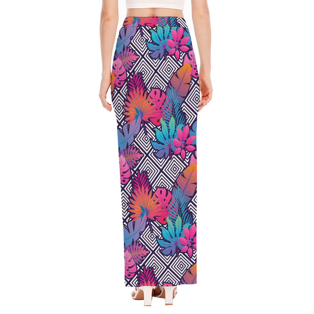 Psychedelic Tropical Aloha Pattern Print High Slit Maxi Skirt