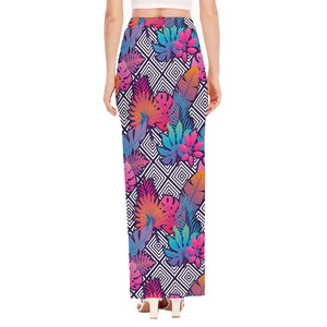 Psychedelic Tropical Aloha Pattern Print High Slit Maxi Skirt