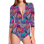 Psychedelic Tropical Aloha Pattern Print Long Sleeve Swimsuit
