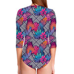 Psychedelic Tropical Aloha Pattern Print Long Sleeve Swimsuit