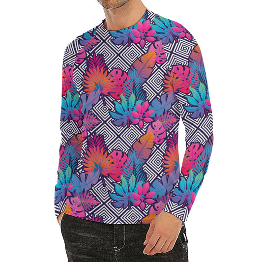 Psychedelic Tropical Aloha Pattern Print Men's Long Sleeve Rash Guard