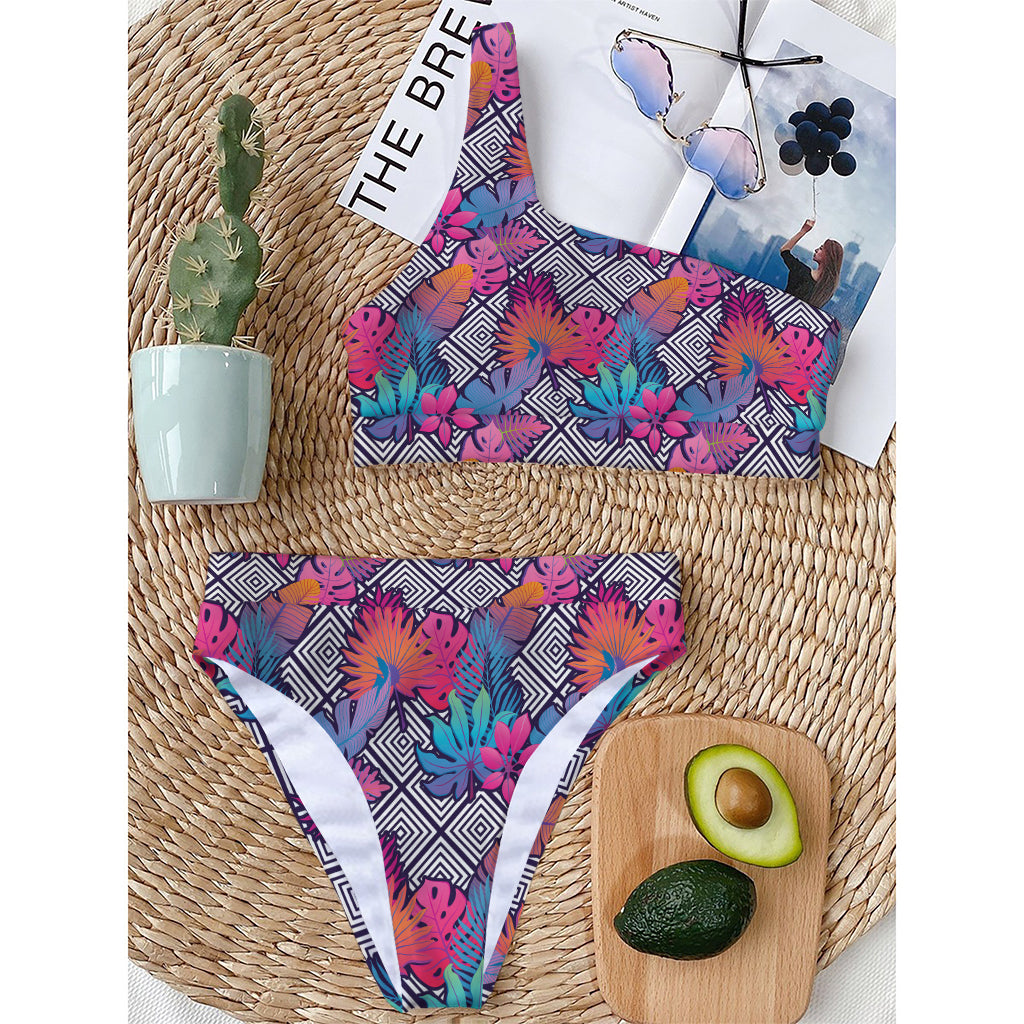 Psychedelic Tropical Aloha Pattern Print One Shoulder Bikini Top