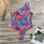 Psychedelic Tropical Aloha Pattern Print One Shoulder Bodysuit