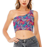 Psychedelic Tropical Aloha Pattern Print One Shoulder Crop Top