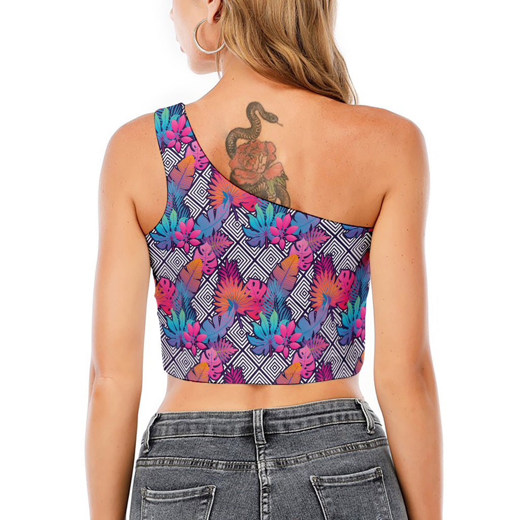 Psychedelic Tropical Aloha Pattern Print One Shoulder Crop Top