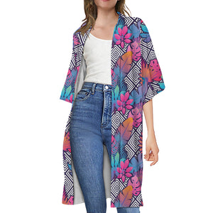 Psychedelic Tropical Aloha Pattern Print Open Front Beach Cover Up