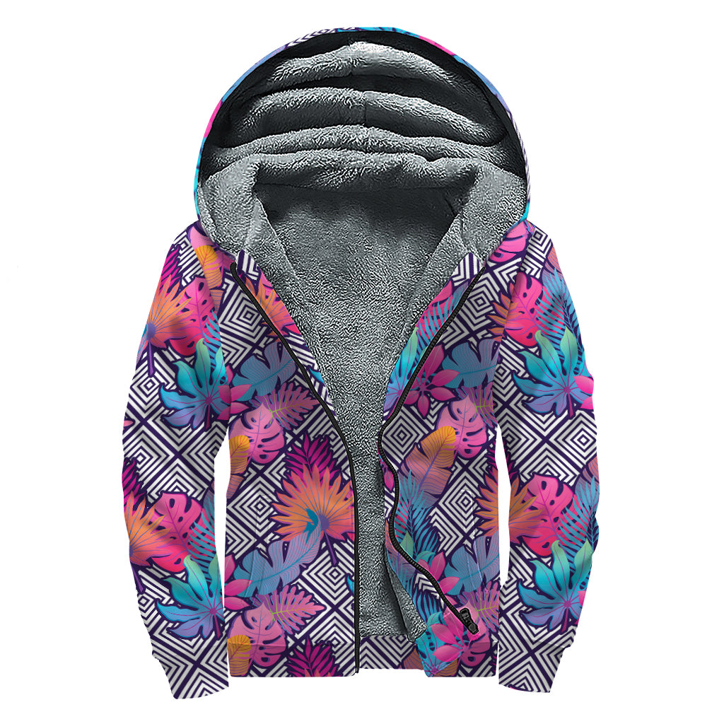 Psychedelic Tropical Aloha Pattern Print Sherpa Lined Zip Up Hoodie