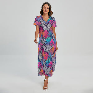 Psychedelic Tropical Aloha Pattern Print Short Sleeve Maxi Dress