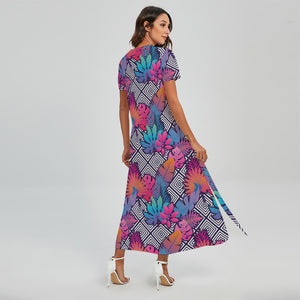 Psychedelic Tropical Aloha Pattern Print Short Sleeve Maxi Dress