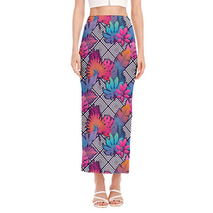 Psychedelic Tropical Aloha Pattern Print Side Slit Maxi Skirt