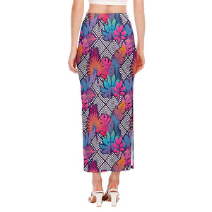 Psychedelic Tropical Aloha Pattern Print Side Slit Maxi Skirt