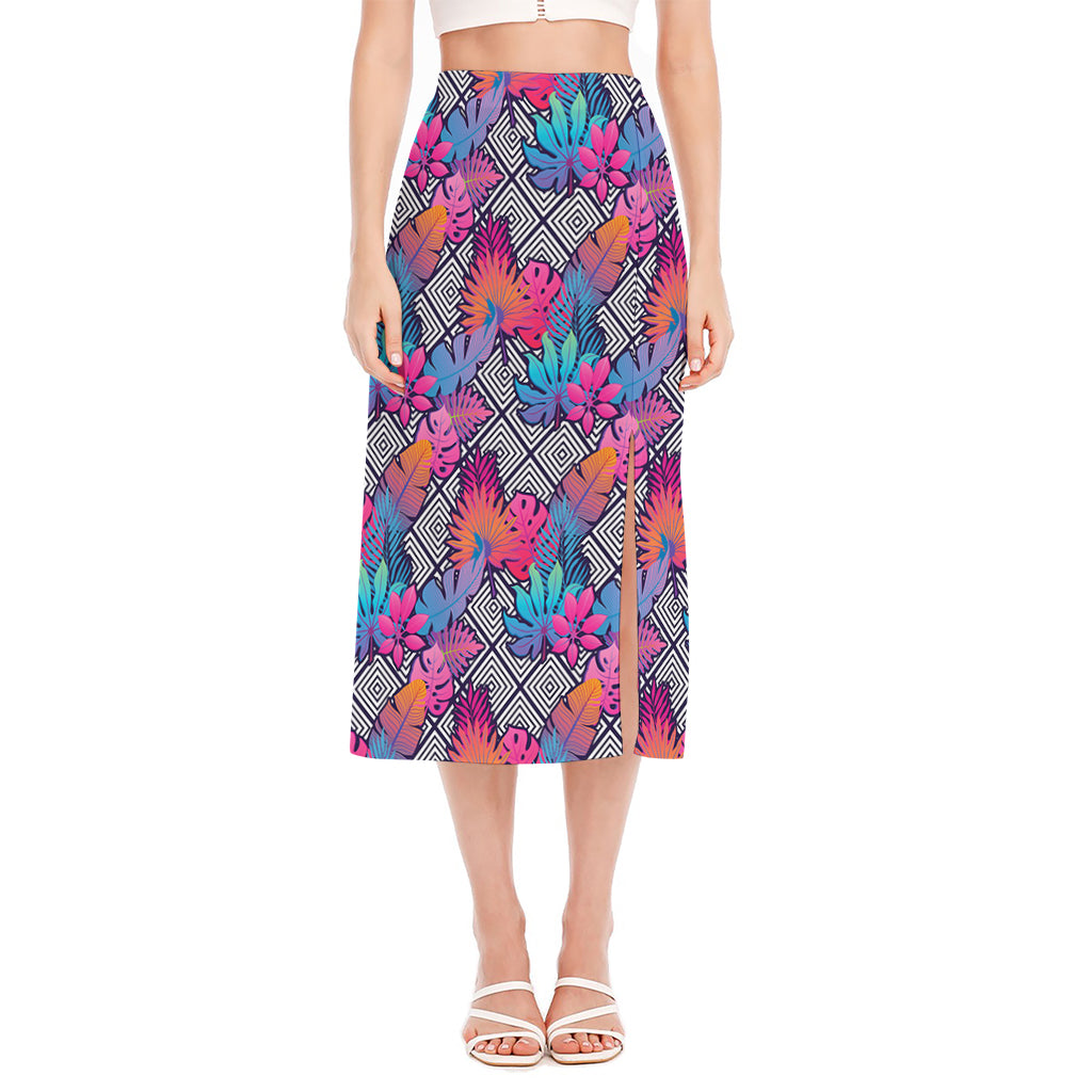 Psychedelic Tropical Aloha Pattern Print Side Slit Midi Skirt