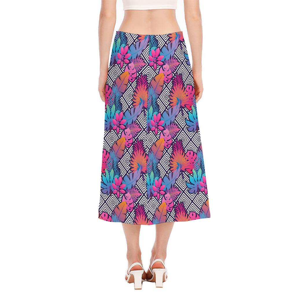 Psychedelic Tropical Aloha Pattern Print Side Slit Midi Skirt