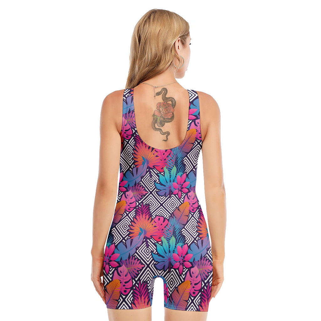 Psychedelic Tropical Aloha Pattern Print Sleeveless One Piece Swimsuit