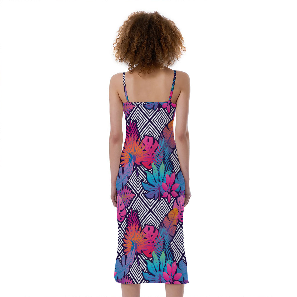 Psychedelic Tropical Aloha Pattern Print Slim Fit Midi Cami Dress
