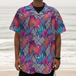 Psychedelic Tropical Aloha Pattern Print Textured Short Sleeve Shirt