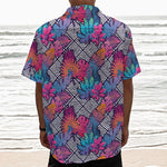 Psychedelic Tropical Aloha Pattern Print Textured Short Sleeve Shirt