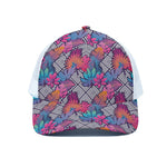 Psychedelic Tropical Aloha Pattern Print White Mesh Trucker Cap